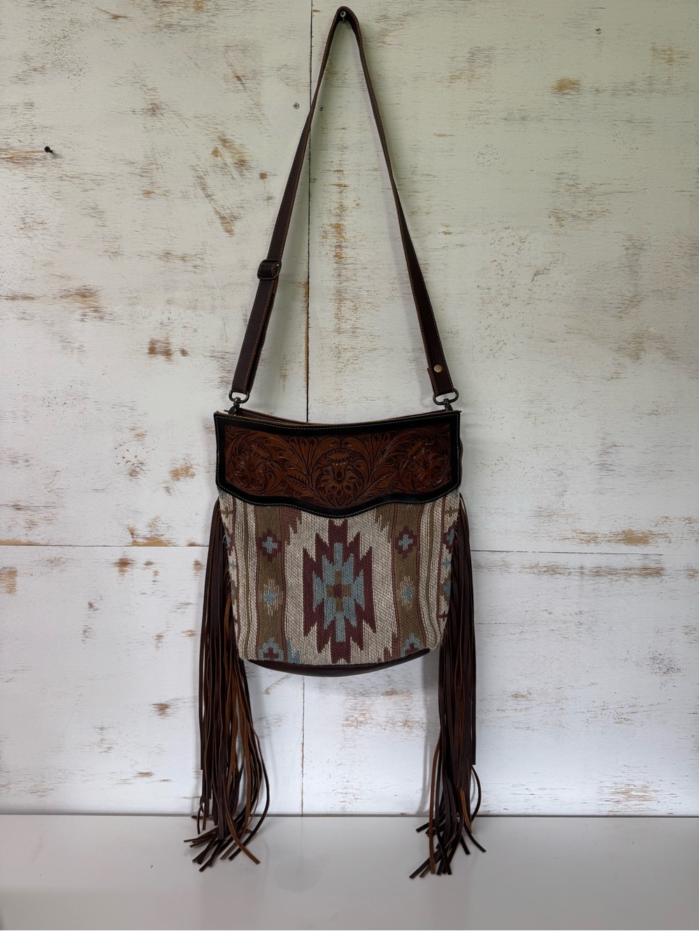 Myra Bag Brown and Tan Southwestern Fringe Crossbody